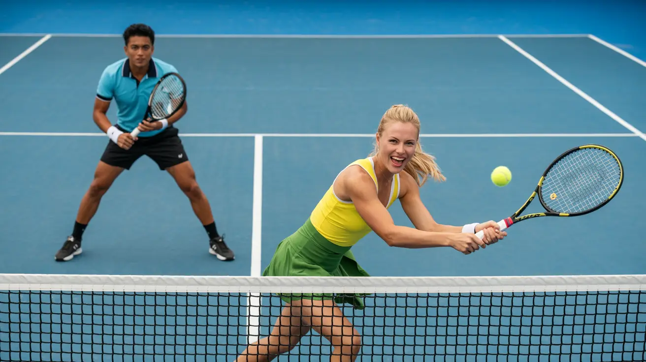 tennis doubles team tries to return a serve