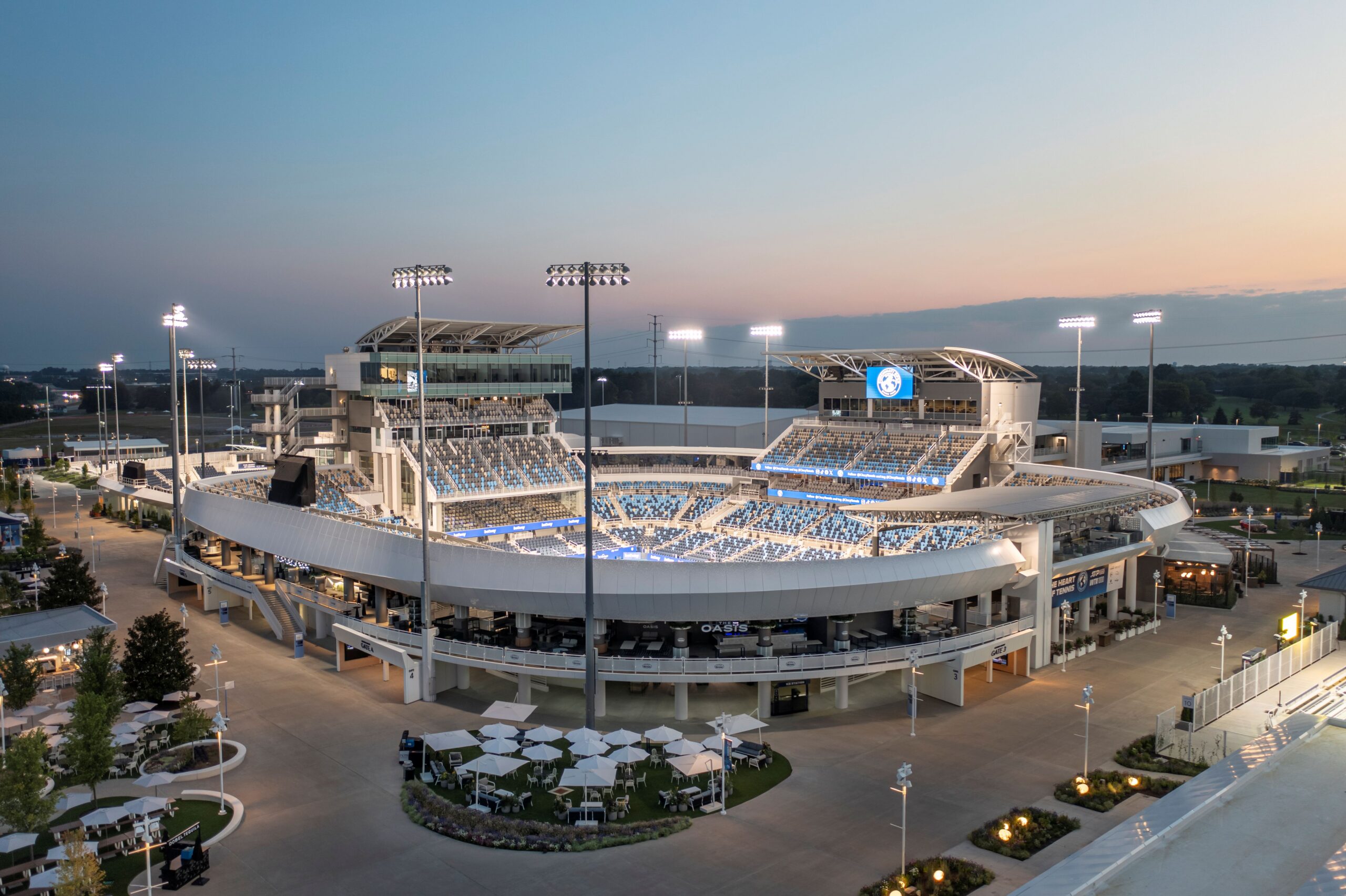 Drone picture of the center court stadium at the Linder Family Tennis Center